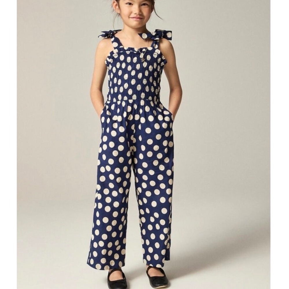 Crewcuts Girls Navy Blue Polka Dot Smocked Tie Strap linen blend Jumpsuit Sz 10